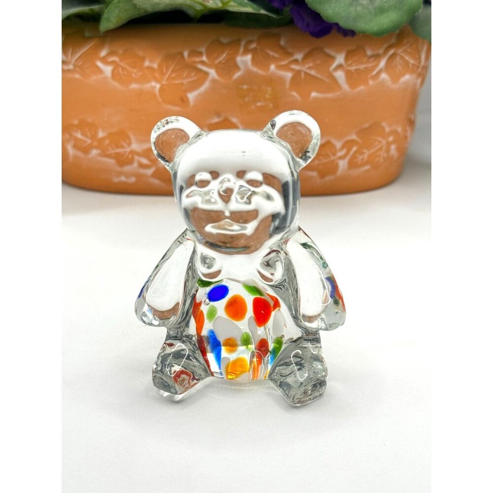 Handcrafted Colorful Murano Style Glass Bear Figurine With Polka Dot Details